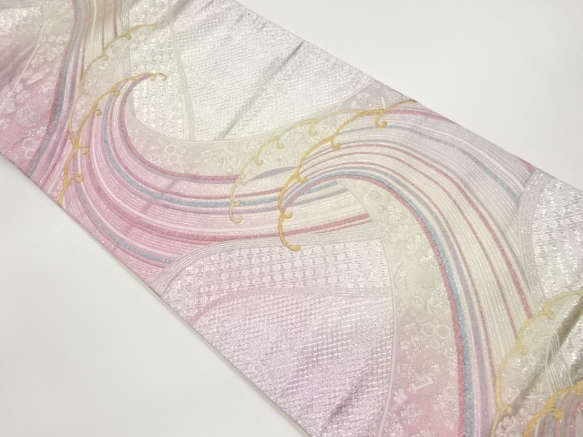 JAPANESE KIMONO / VINTAGE FUKURO OBI / SILK / SAGANISHIKI / WOVEN ROUGH WAVE & FLORAL PLANTS